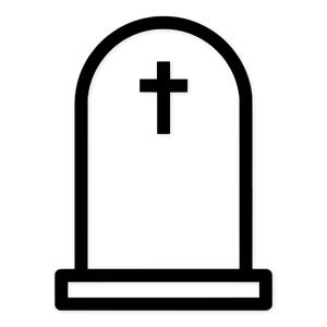 May include: A black and white illustration of a tombstone. The tombstone has a rounded top with a cross at the top. The base of the tombstone is rectangular.