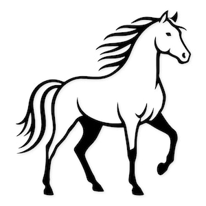 May include: A monochrome illustration of a horse in a walking pose. The horse features a flowing mane and tail, with its legs in a dynamic stride. The design is simple and elegant, suitable for various applications.