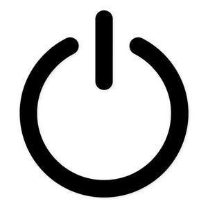 May include: A black power button icon, a circle with a vertical line above it, on a white background. This simple design is a universal symbol for on/off functionality, often seen in electronics and digital interfaces.