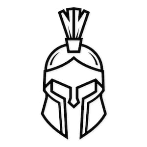 Puede incluir: Un dibujo lineal en blanco y negro de un casco espartano. El casco presenta una cresta en la parte superior y una protección facial. El diseño es simple y audaz, adecuado para diversas aplicaciones.