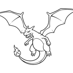 May include: Black and white line art illustration of a dragon with large wings, a long tail with a flame at the end, and sharp claws. The dragon is in a dynamic pose, with its wings spread wide.
