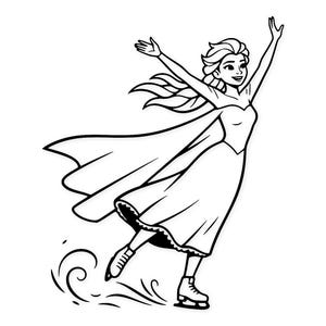 May include: Black and white illustration of a woman ice skating. She is wearing a long dress and cape, with her arms raised. The image is a line drawing, with details like the skates and hair.