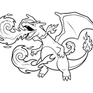 Peut inclure: Illustration en noir et blanc d'une créature ressemblant à un dragon, avec des flammes émanant de sa bouche et de sa queue. La créature a de grandes ailes et des griffes acérées, avec un contour détaillé. L'œuvre est un design stylisé de type dessin animé.