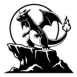 May include: Black and white illustration of a dragon-like creature with wings, standing on a rocky surface, set against a white background. The creature has a flame at the end of its tail and is enclosed in a white circle.