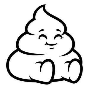 Op de afbeelding: Een cartoon illustratie van een lachende hoop poep. De poep is wit met een zwarte omtrek, met een vrolijk gezicht en kleine, gebogen benen. Het ontwerp is eenvoudig en speels, perfect voor stickers of andere novelty items.