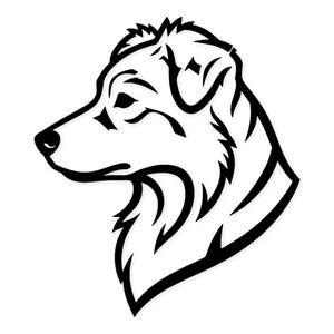 May include: A black and white graphic illustration of a dog's head in profile. The dog has a pointed snout, floppy ears, and a fluffy neck. The image is a simple, clean design, perfect for pet lovers.