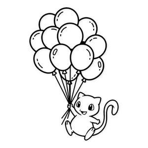 May include: Black and white cartoon illustration of a cat-like creature holding a bunch of balloons. The balloons are round and clustered together, with the creature smiling and looking up. The image is on a white background.