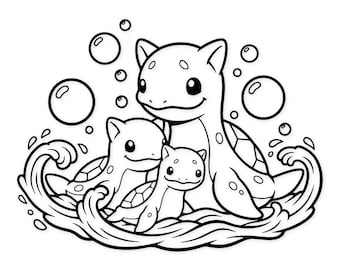 Lapras Family Svg Art: Digital Line Art Illustration Of Lapras With Baby In Waves And Bubbles