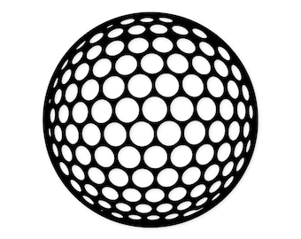 Könnte beinhalten: Schwarz-weiße Golfball-Illustration. Der Ball ist eine Kugel, die mit gleichmäßig verteilten weißen Kreisen bedeckt ist, die jeweils von einem schwarzen Rand umgeben sind. Das Design erzeugt einen dreidimensionalen Effekt vor weißem Hintergrund.