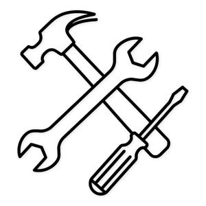 May include: Black and white line art illustration of a hammer, wrench, and screwdriver crossed over each other. The tools are commonly used for construction, repair, and DIY projects. The image is on a white background.