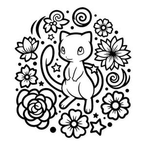 Könnte beinhalten: Schwarz-Weiß-Illustration einer Cartoon-Kreatur, umgeben von Blumen, Sternen und Wirbeln. Die Kreatur hat große Augen und einen langen Schwanz. Das Design ist kreisförmig und detailliert.