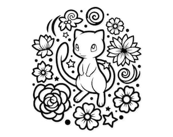 Mew Digitale Zeichnung: Schwarzweiße Linienzeichnung mit Blumen und Sternen