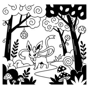 Puede incluir: Ilustración en blanco y negro de un personaje Sylveon en un entorno forestal. La imagen presenta árboles, setas y elementos decorativos. El personaje tiene cintas largas y fluidas y un lazo.