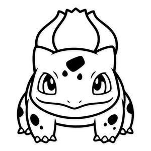 May include: A black and white line drawing of a Bulbasaur character. The cartoon figure has large eyes, a smiling mouth, and black spots on its body. The Bulbasaur is in a front-facing pose.