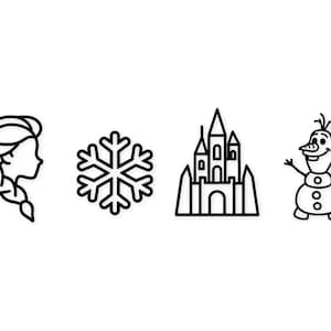 May include: Black and white line art featuring Elsa's profile, a snowflake, a castle, and Olaf the snowman. The illustrations are simple and clean, perfect for stickers or other crafts.