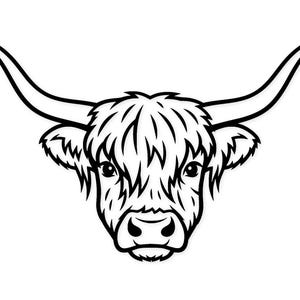 May include: A black and white line drawing of a Highland cow's head. The cow has long, curved horns, shaggy fur, and a detailed face. The image is a simple, yet striking, illustration of the animal.