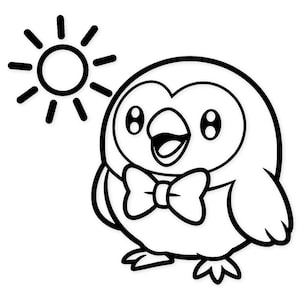 May include: A black and white cartoon illustration of a cheerful penguin wearing a bow tie, with a smiling open beak. A sun with rays is drawn above the penguin. The image is on a white background.