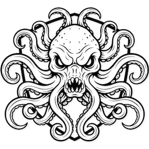 May include: Black and white illustration of an octopus with an angry expression. The octopus has sharp teeth and is surrounded by tentacles. The design is set within a black hexagonal frame, creating a bold and striking image.