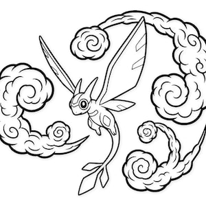 Puede incluir: Ilustración en blanco y negro de una criatura estilizada con forma de insecto con grandes alas, rodeada de formas de nubes arremolinadas. La criatura tiene un cuerpo segmentado y rasgos similares a antenas.