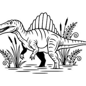 May include: Black and white illustration of a Spinosaurus dinosaur. The dinosaur is depicted in profile, with a large fin on its back, surrounded by stylized plants and reeds. The image is a line drawing.