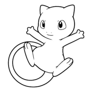 Könnte beinhalten: Schwarz-weiße Illustration einer Cartoonfigur mit katzenartigem Aussehen. Die Figur hat große Augen, kleine Arme und einen langen, eingerollten Schwanz. Die Figur ist in einer spielerischen Pose mit ausgestreckten Armen dargestellt.