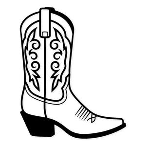 May include: A black and white illustration of a cowboy boot. The boot features a pointed toe, a decorative stitched design on the shaft, and a black heel. The boot is a classic Western style.