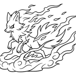May include: Black and white illustration of a fox-like creature engulfed in flames. The stylized artwork depicts the animal with a fierce expression, surrounded by flowing, flame-like shapes, and a cloud-like base.