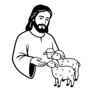 Op de afbeelding: Zwart-wit illustratie van een figuur met lang haar en een baard, gekleed in een gewaad, die interactie heeft met drie schapen. De afbeelding is in een eenvoudige, omtrekachtige stijl.