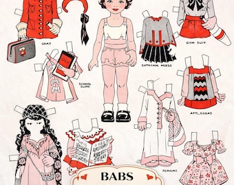 Babs geht zur Schule Vintage Papierpuppe druckbare, antike Magazin Scan, klassische Dress Up Puppenkleiderschrank, Retro Kindheit Ephemera Download