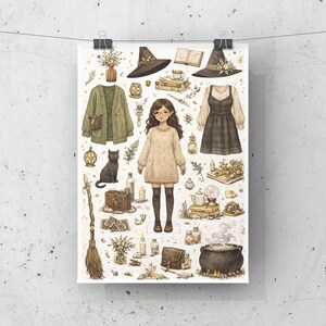 May include: A whimsical illustration featuring a paper doll with various witch-themed accessories. The image includes a green cardigan, brown witch hats, a black cat, a cauldron, and a broom. The color palette is soft, with beige, brown, and green tones.