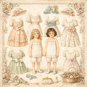 May include: A vintage-style paper doll set featuring two young girls and various outfits, including dresses, hats, and shoes. The color palette includes soft pastels like pink, blue, and green, with floral accents and a basket of strawberries.