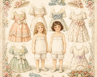 May include: A vintage paper doll set with two young girls and a selection of outfits, including dresses, hats, and shoes. The colour scheme features soft pastels such as pink, blue, and green, with floral details and a basket of strawberries.