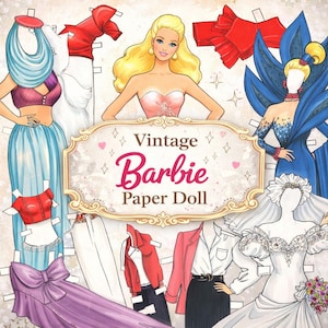Puede incluir: Ilustración de una muñeca de papel Barbie vintage con una figura de Barbie rubia y varios atuendos. Los atuendos incluyen un vestido azul, una chaqueta roja y un vestido de novia. El texto "Vintage Barbie Paper Doll" se muestra en una etiqueta decorativa.