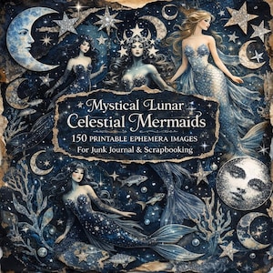 Mermaids Ephemera pack 150 printable images Glitter effect Mystical Lunar Celestial Mermaid collage for junk journals scrapbooking decoupage