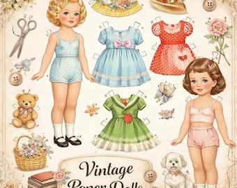 May include: A vintage paper doll set featuring two dolls, various outfits, and accessories. The outfits include a yellow top, blue dress, red dress, and green dress. The set also includes a small dog. The dolls are dressed in a light blue romper, and pink and white striped shorts and top.