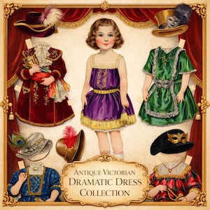Könnte beinhalten: Eine antike viktorianische Papierpuppe mit mehreren dramatischen Kleidern und Hüten. Die Kleider sind in verschiedenen Farben gehalten, darunter Lila, Grün und Rot, mit goldenen und weißen Akzenten. Der Text "Antique Victorian Dramatic Dress Collection" ist enthalten.