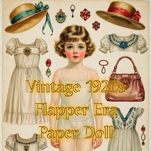 Puede incluir: Muñeca de papel vintage de la década de 1920, época Flapper, con una niña y varios accesorios. Los accesorios incluyen vestidos, sombreros y joyas en tonos marrones, verdes, rojos y azules. Se muestra el texto "Vintage 1920s Flapper Era Paper Doll".