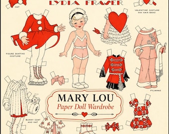 Muñeca de papel vintage Mary Lou para imprimir, escaneo de revista antigua, vestuario clásico para muñecas, artículos retro de la infancia, descarga digital.