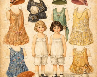 1920s Paper Dolls, Instant Download Digital Ephemera Page, Flapper Girls with Art Deco Dresses, Retro Accessories Vintage Illustration Dolls