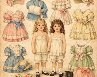 May include: A vintage paper doll set with outfits and accessories. Two dolls in white outfits are surrounded by dresses, hats, and a coat in pastel colours, including pink, blue, and yellow. The image has a nostalgic and charming aesthetic.