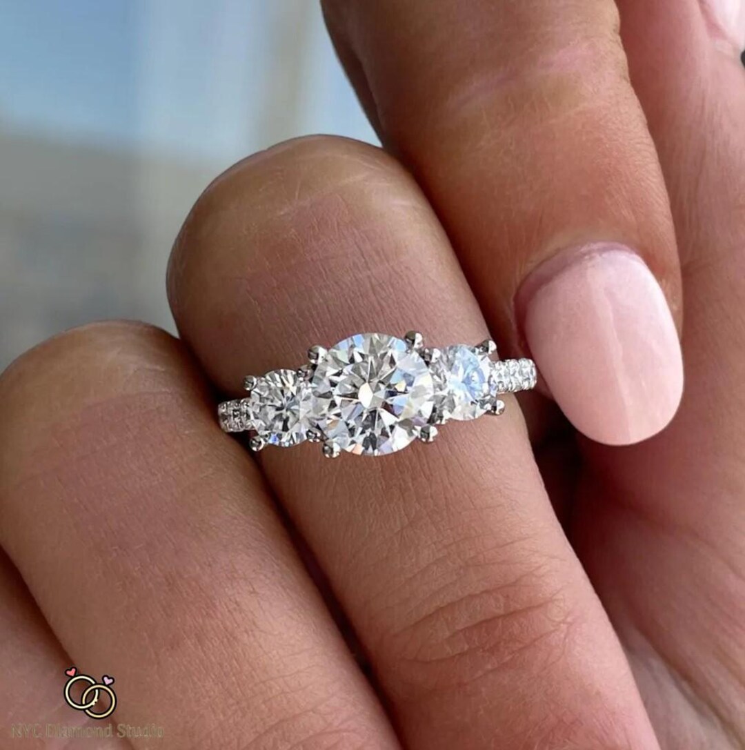 2 Ct Round Cut Lab Grown Diamond Three Stone Engagement Ring, 14K Gold ...