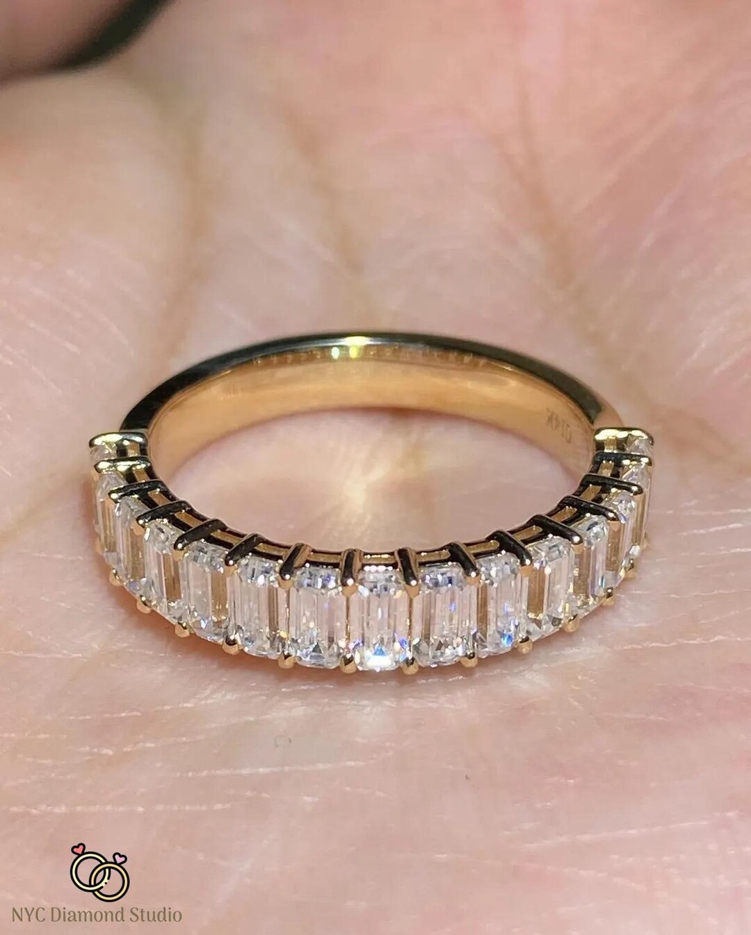 3ct Emerald Cut Lab Grown Diamond Wedding Band, 14K Gold Half Eternity ...