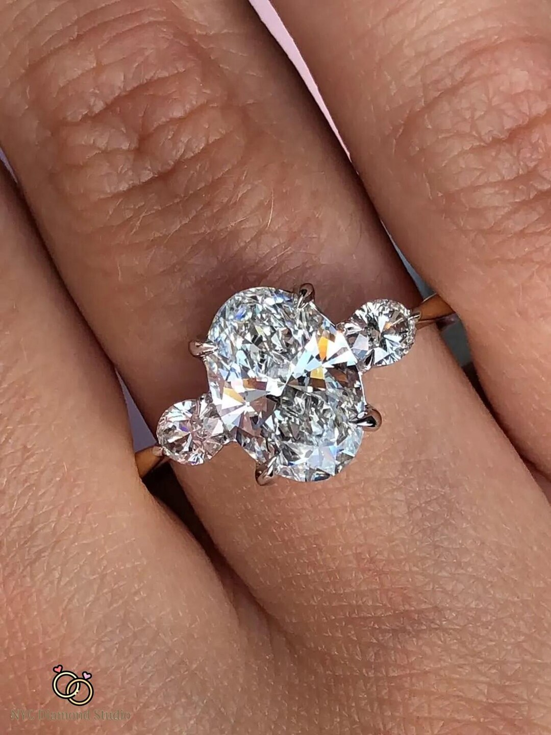 3 Ct Oval Diamond Three Stone Engagement Ring 14K Gold Trilogy Wedding ...