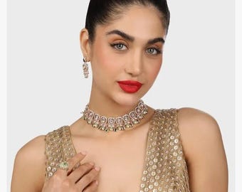 New Design Gold Plated AD Choker Necklace Set For Girls Women Wedding Party Wear