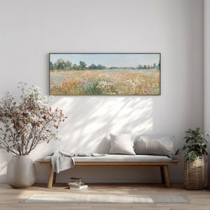 Colorful summer field poster for living room — textured wildflower painting evoking peaceful countryside charm