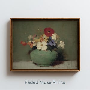 Vintage Green Ceramic Pot with Garden Flowers, Rustic Still Life Art (Digital Download) 124