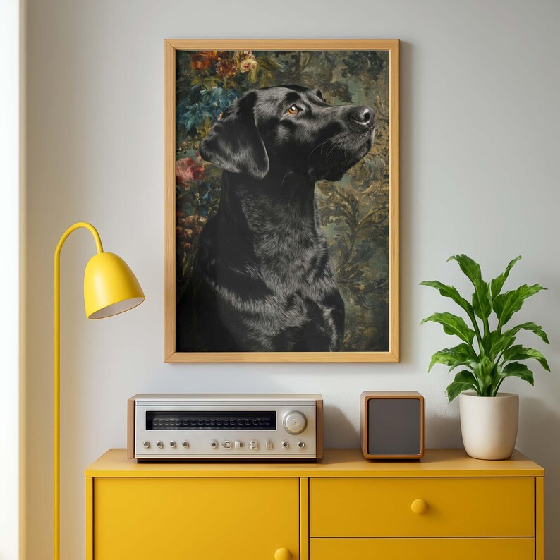 Black dog painting wall decor printable — regal old master-style pet portrait with rose and teal accents