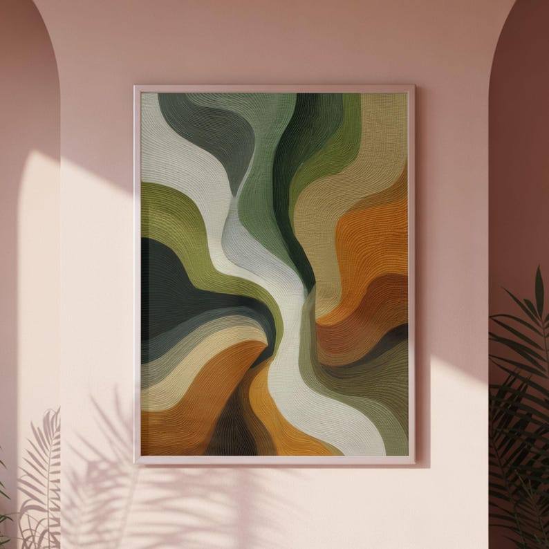 Retro-inspired ripple print for study — bold curving linework in green, orange, cream, and teal