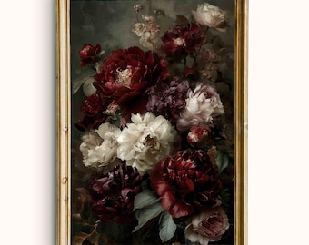Dark Moody Peony Bouquet, Vintage Floral Printable Wall Art (Digital Download)