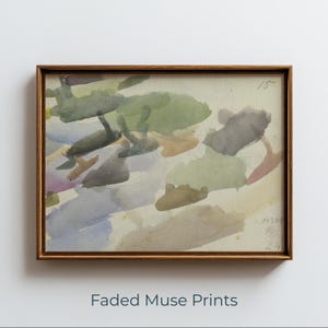 May include: A framed watercolor painting featuring abstract washes of muted green, blue, brown, and gray tones on an off-white background. The artwork includes handwritten numbers 15 and 14230 in the corners, enclosed in a thin brown wooden frame.